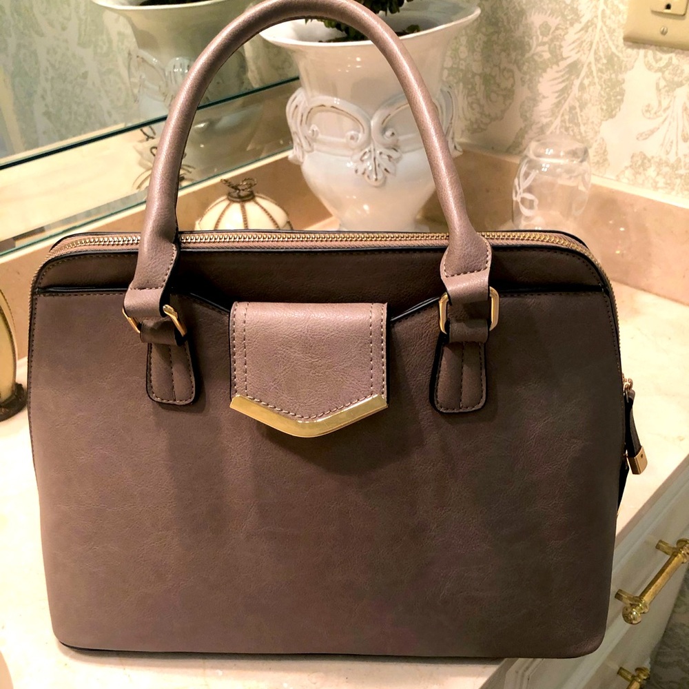 Taupe Bag with chocolate piping and gold trim